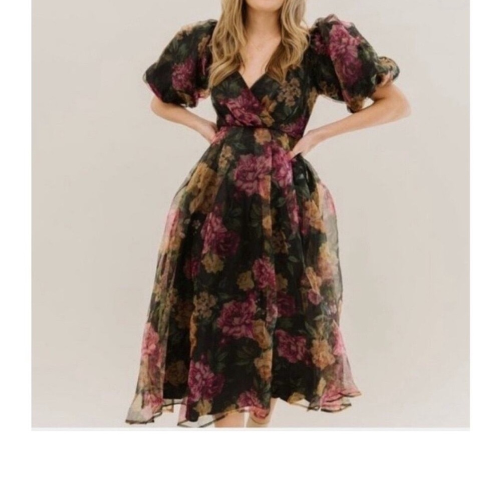 Flying Tomato organza Black Floral Midi Dress